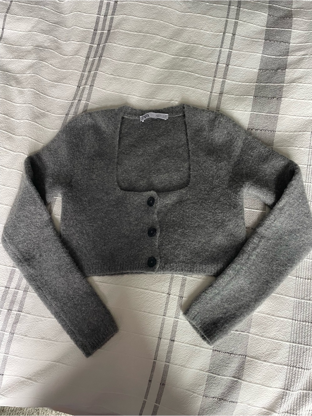 Zara Gray Cropped Square-Neck Button Cardigan